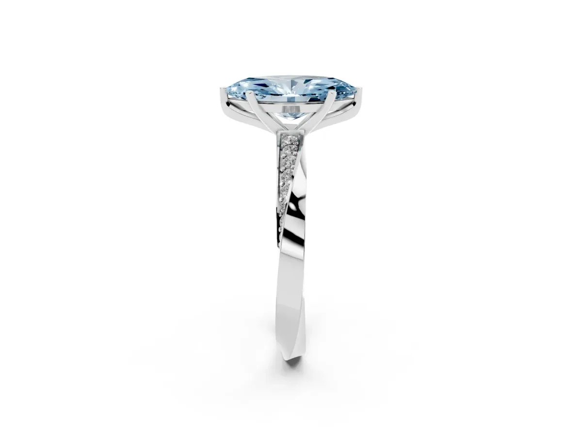Fancy Blue Marquise Cut Diamond Engagement Ring with Side Stone Accents and Four-Prong Setting Silver