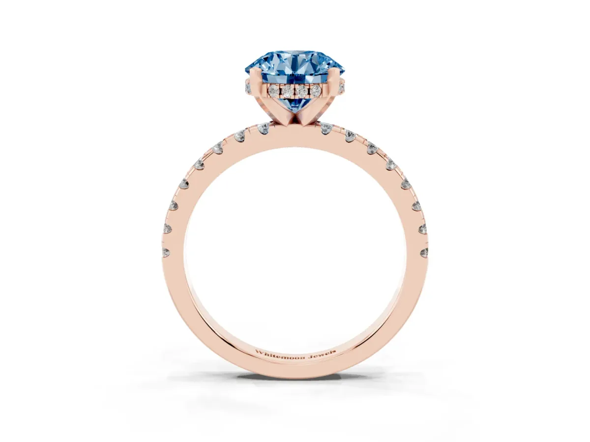 Fancy Blue Round Cut Diamond Solitaire Ring with Round Pavé Band and Four-Prong Setting Rose gold