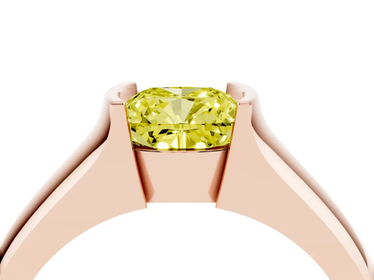 Fancy Yellow Cushion Cut Solitaire Bezel Set Diamond Ring with Wide Band Rose gold