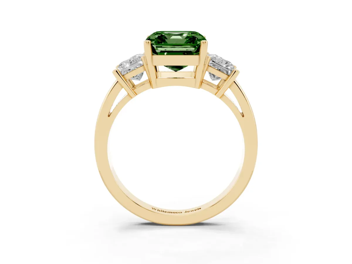 Fancy Green Three-Stone Asscher Cut Cut Solitaire Ring with Prong Setting Yellow gold
