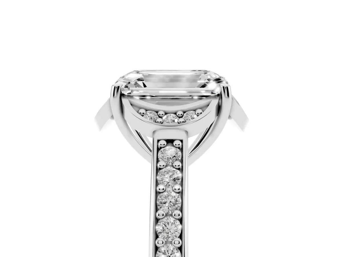 Emerald Cut Cut Halo Diamond Ring with Channel Set Band and Four-Prong Setting Silver