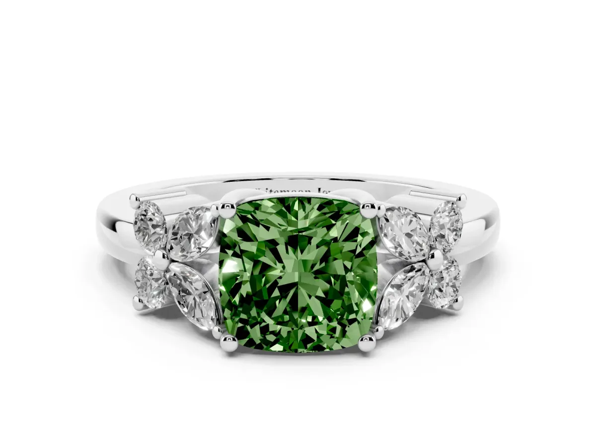 Fancy Green Cushion Cut Diamond Floral Cluster Ring with Solitaire Band and Prong Setting Platinum