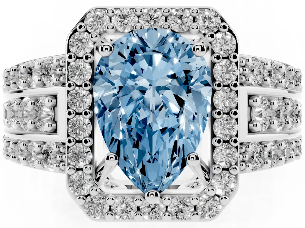 Fancy Blue Pear Cut Halo Diamond Ring with Round Split Shank and Prong Setting Platinum