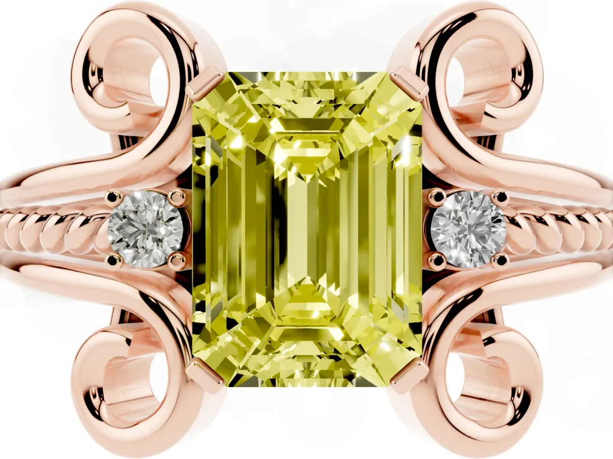 Fancy Yellow Emerald Cut Solitaire Twisted Band Scroll Prong Ring Rose gold