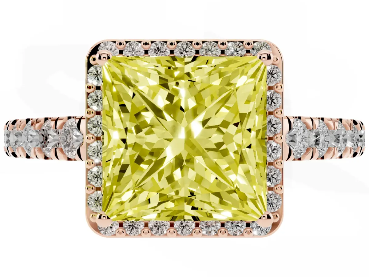 Fancy Yellow Princess Cut Cut Halo Diamond Engagement Ring with Pave Band and Four-Prong Setting Rose gold