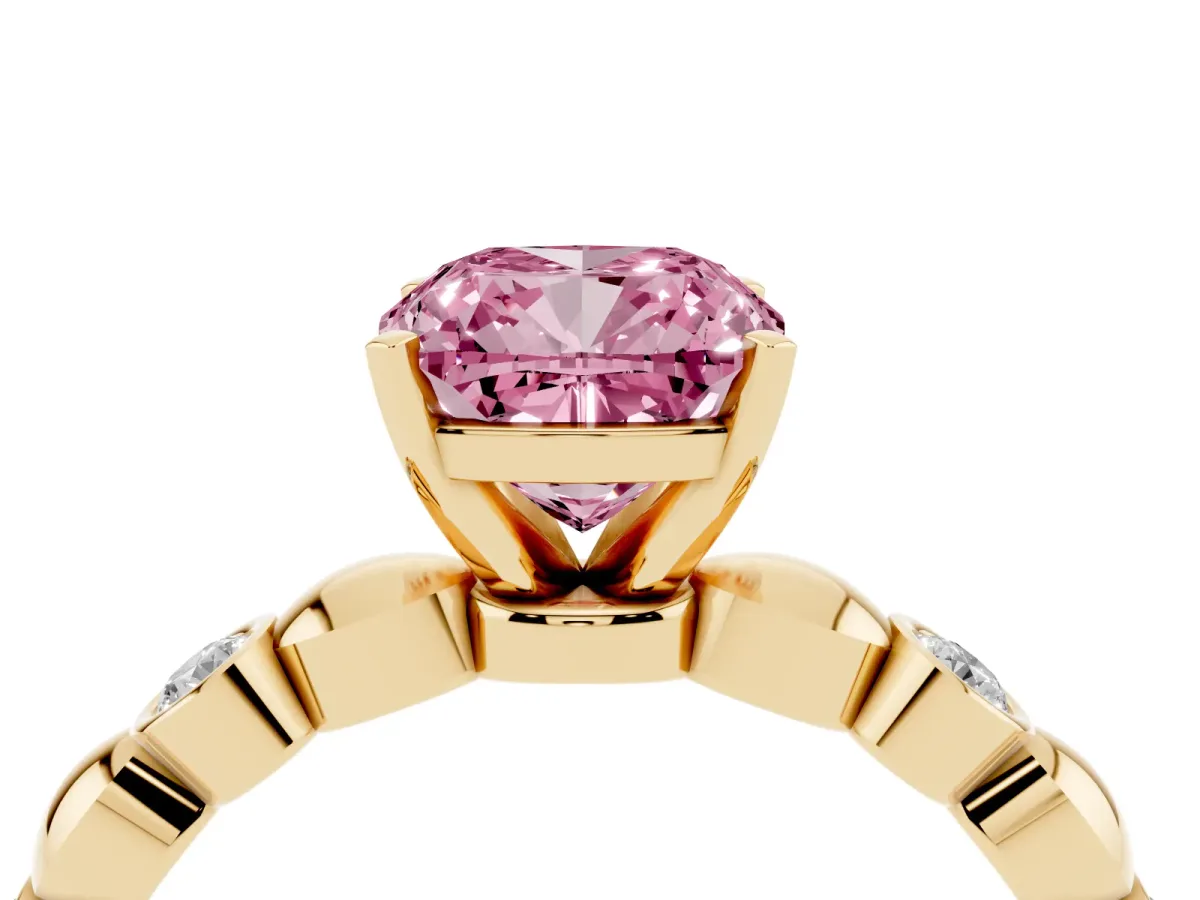 Fancy Pink Cushion Cut Solitaire Bezel-Set Diamond Ring with Beaded Band and Four-Prong Setting Yellow gold