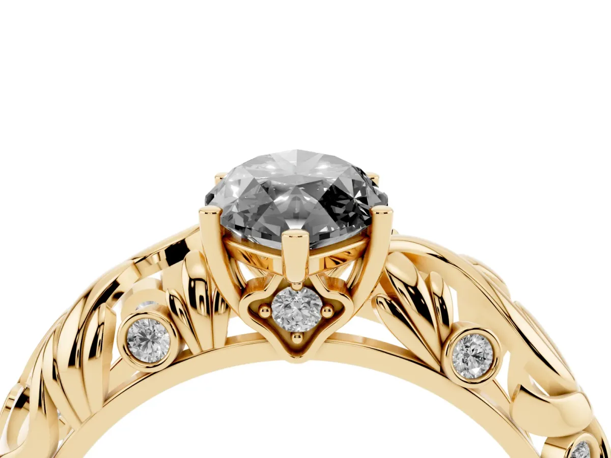 Fancy Black Marquise Cut Solitaire Diamond Leaf-Inspired Vine Band Ring with Prong Setting Yellow gold