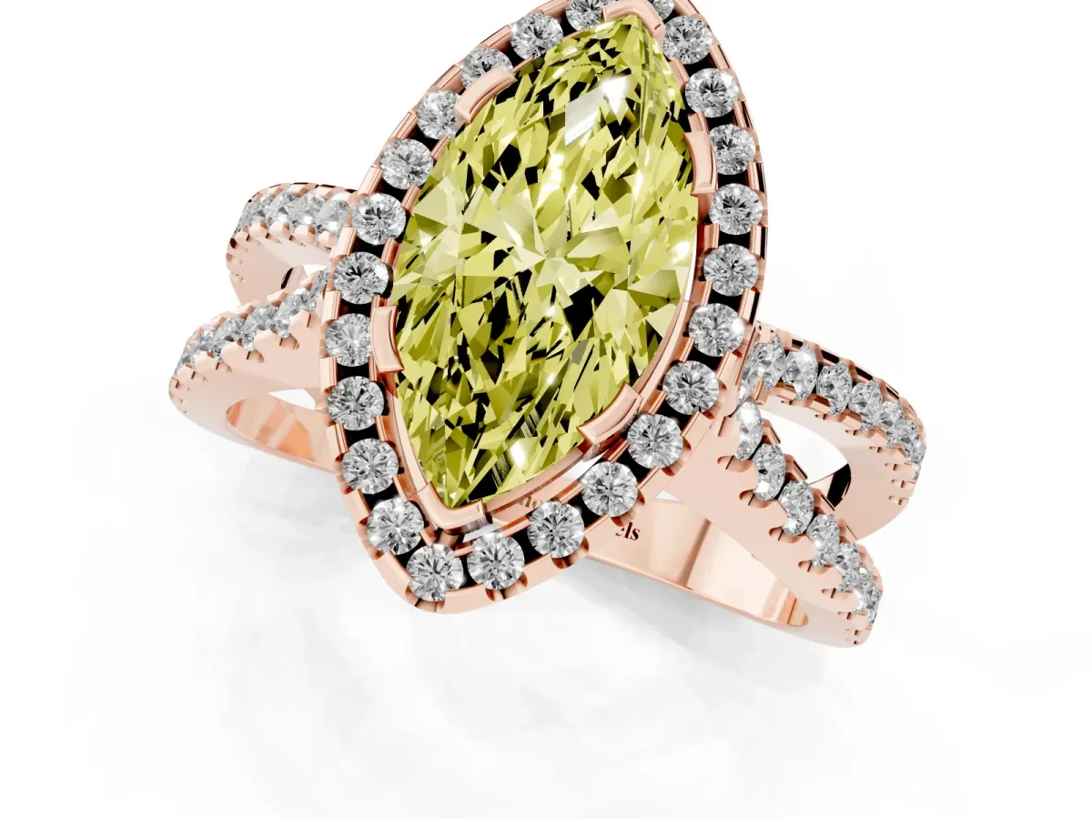 Fancy Yellow Marquise Cut Diamond Halo Ring with Split Shank Pavé Band and Prong Setting Rose gold