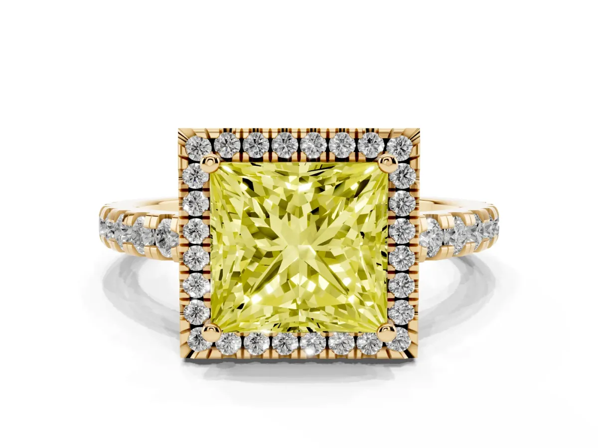 Fancy Yellow Princess Cut Diamond Halo Ring with Pavé Band and Four-Prong Setting Yellow gold