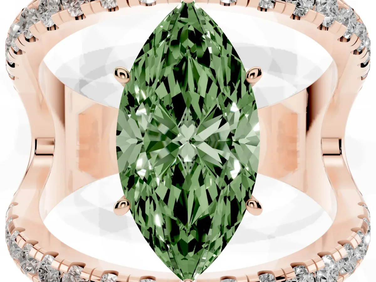 Fancy Green Marquise Cut Solitaire Split Shank Pave Diamond Ring Rose gold