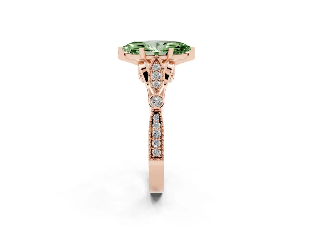 Fancy Green Marquise Cut Cut Diamond with Milgrain Marquise and Bezel Accents on a Solitaire Band with Prong Setting Rose gold
