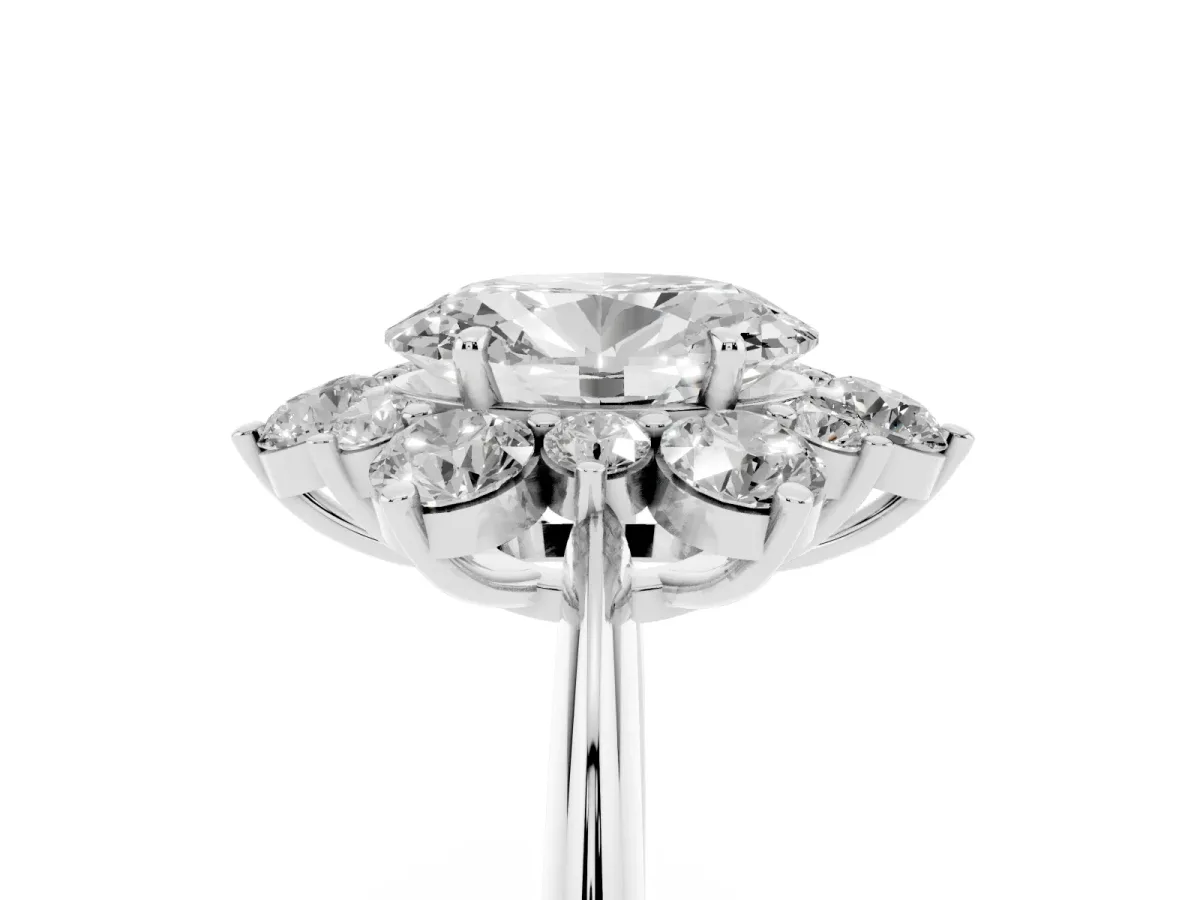 Oval Cut Diamond Cluster Halo Ring with Solitaire Band and Four-Prong Setting Silver