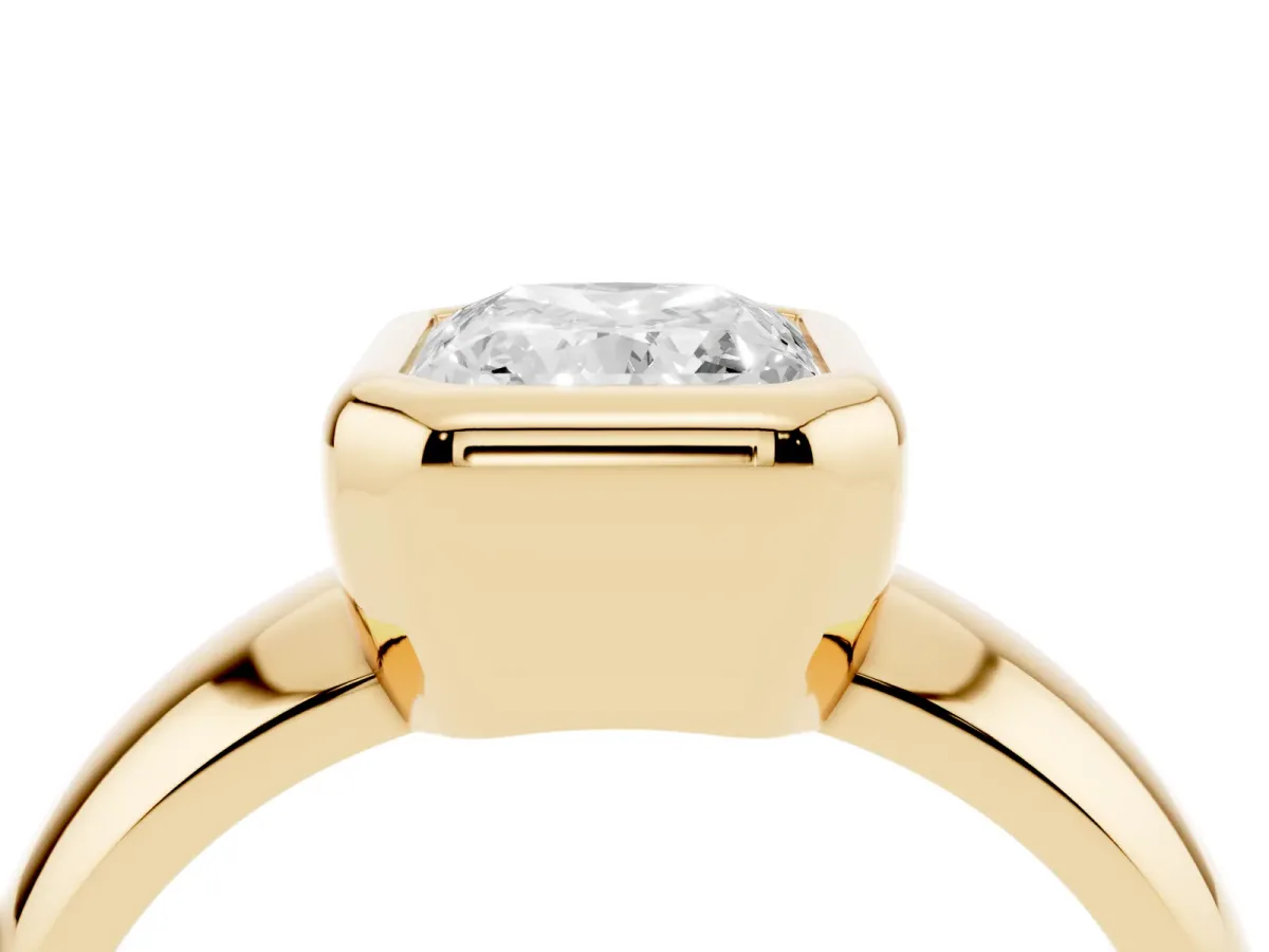 Bezel Set Radiant Cut Solitaire Ring with Wide Band Yellow gold