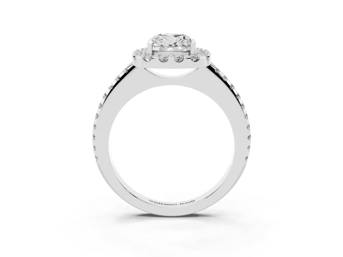 Cushion Cut Diamond Pavé Halo Ring with Four-Prong Setting Silver