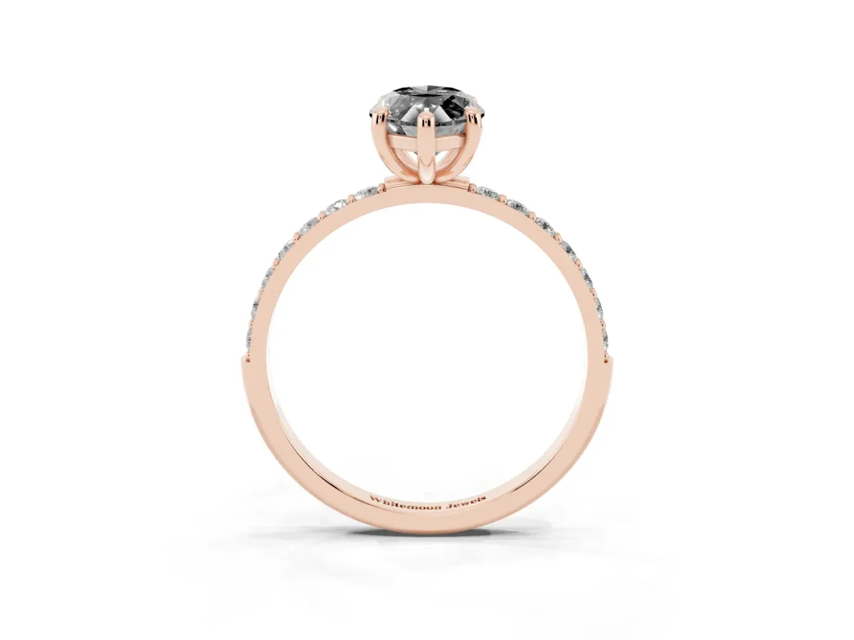 Fancy Black Marquise Cut Diamond Solitaire Ring with Round Pavé Band and Prong Setting Rose gold