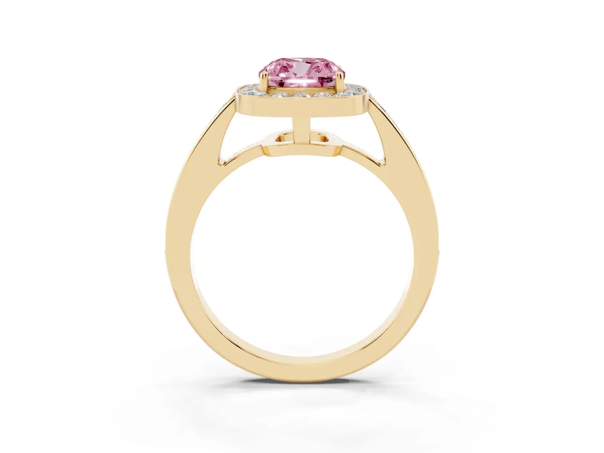 Fancy Pink Cushion Cut Halo Pavé Diamond Engagement Ring with Bezel Setting Yellow gold