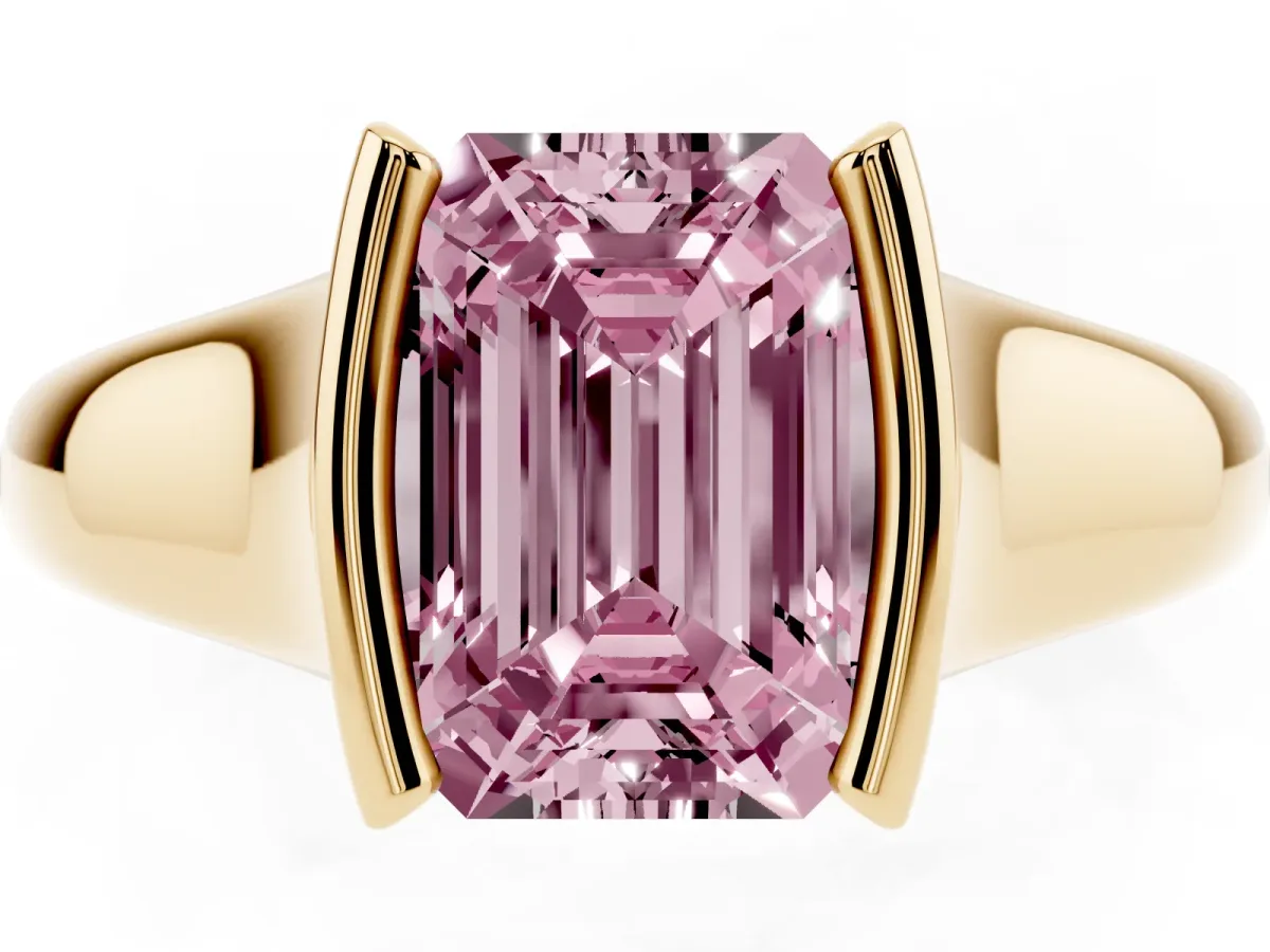 Fancy Pink Emerald Cut Solitaire Tension Set Diamond Ring with Split Shank Band Yellow gold