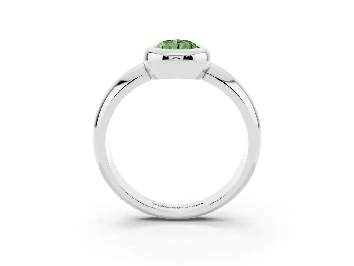 Fancy Green Bezel Set Pear Cut Solitaire Ring with Wide Band Silver