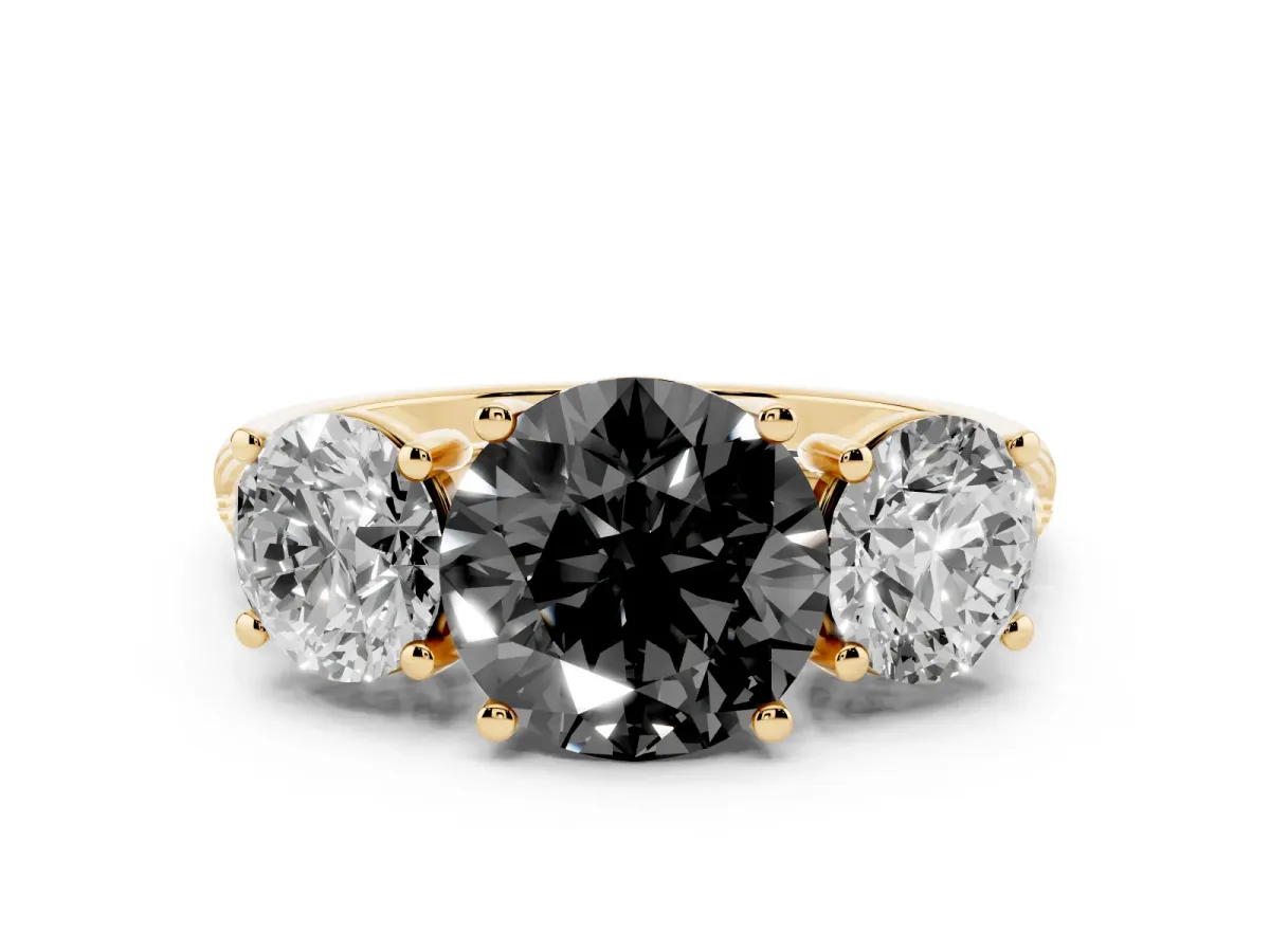 Fancy Black Three-Stone Round Cut Diamond Ring with Round Pavé Band and Prong Setting Yellow gold