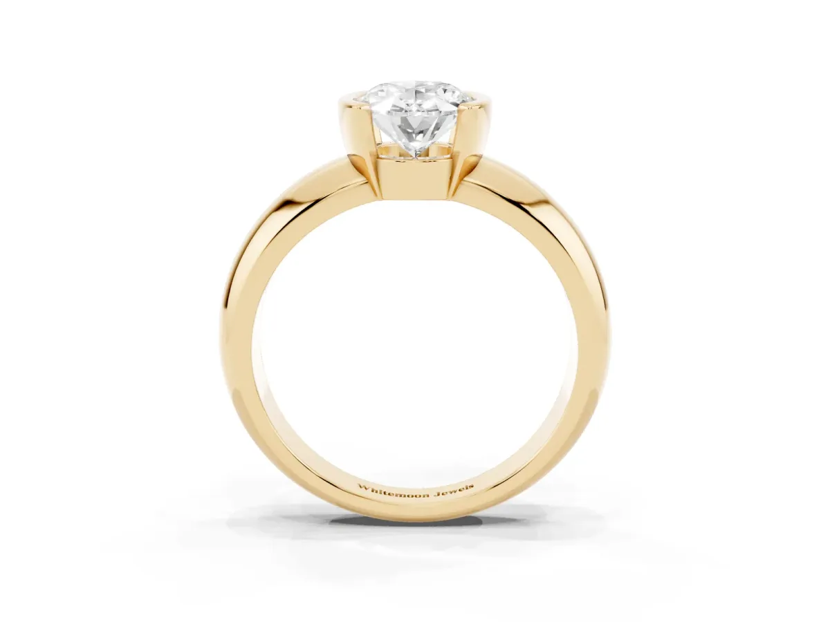 Oval Cut Solitaire Tension Set Diamond Ring with Wide Band Yellow gold