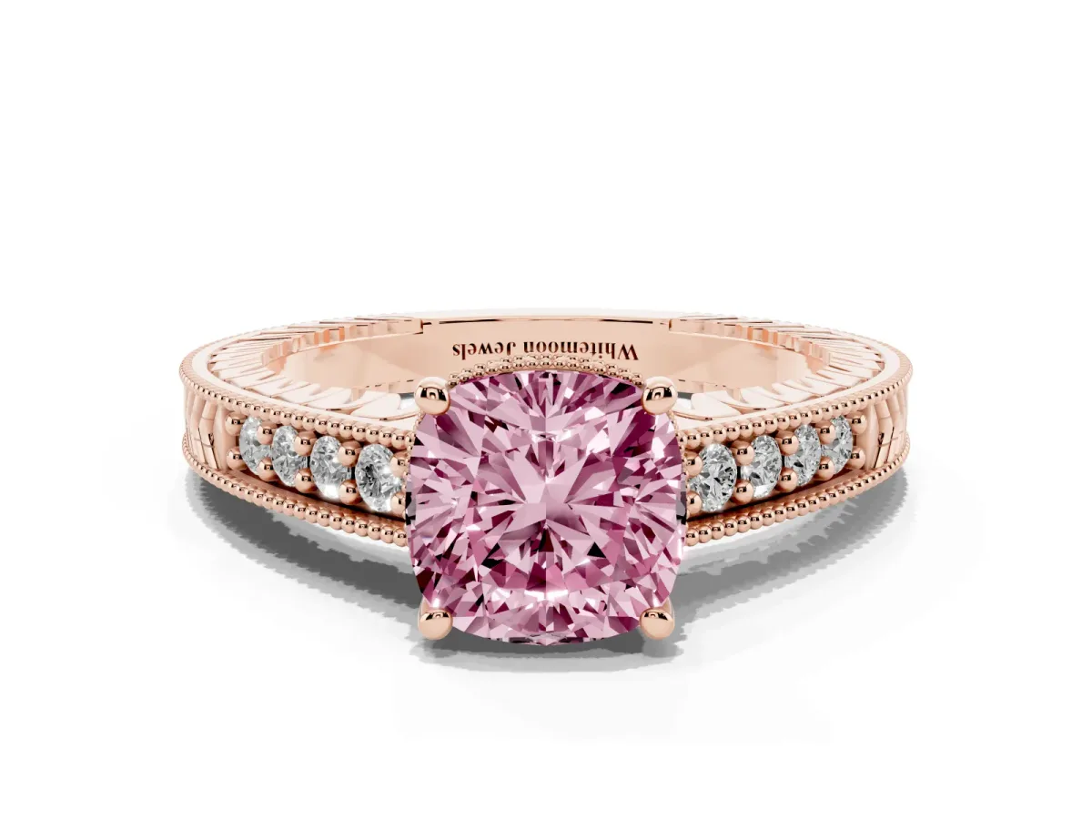 Fancy Pink Cushion Cut Solitaire Pavé Diamond Milgrain Engagement Ring with Four-Prong Setting Rose gold