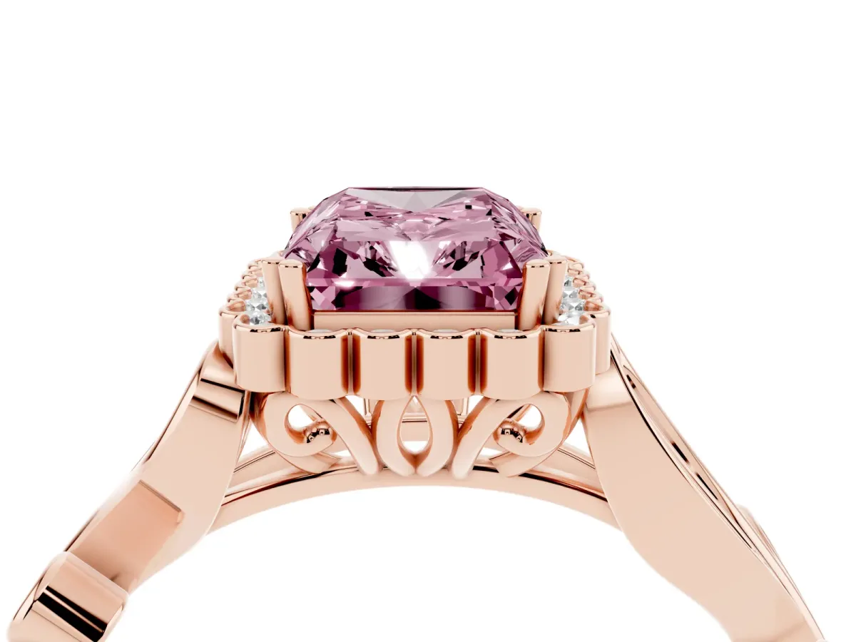Fancy Pink Radiant Cut Diamond Halo Ring with Vintage Split Shank and Four-Prong Setting Rose gold