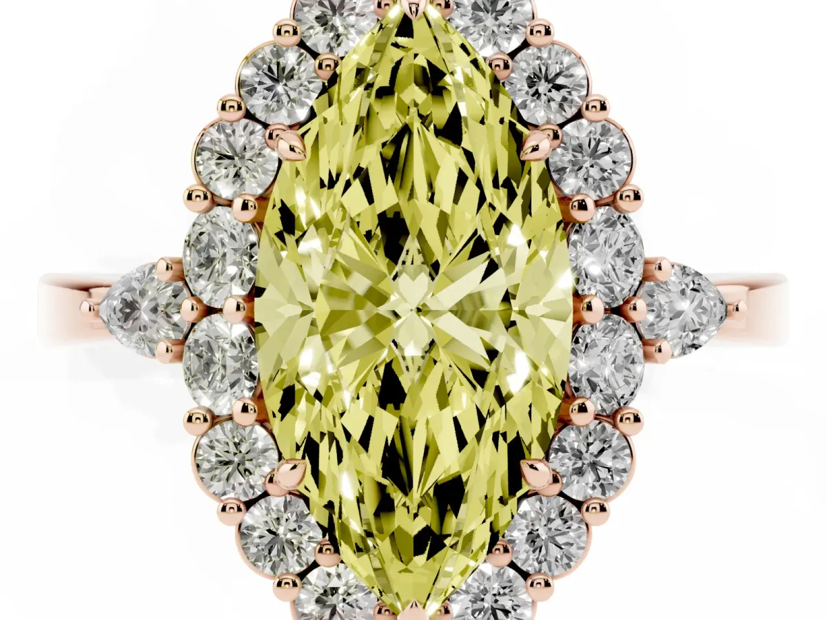 Fancy Yellow Marquise Cut Diamond Halo Ring with Pear Side Stones and Prong Setting Rose gold