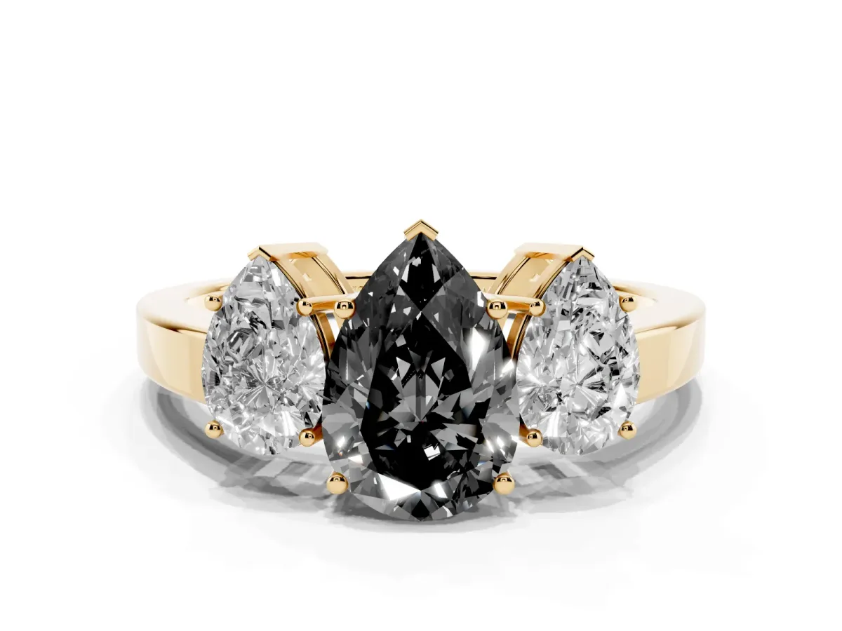 Fancy Black Three-Stone Pear Cut Cut Diamond Engagement Ring with Flat Band and Four-Prong Setting Yellow gold