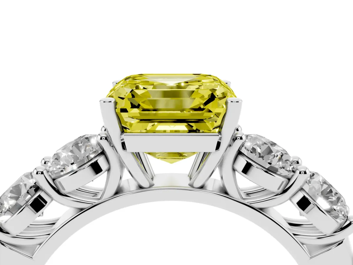 Fancy Yellow Asscher Cut Cut Five-Stone Prong Set Diamond Ring with Classic Band White gold