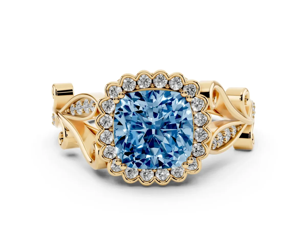 Fancy Blue Cushion Cut Diamond Halo Ring with Vintage Split Shank and Four-Prong Setting Yellow gold