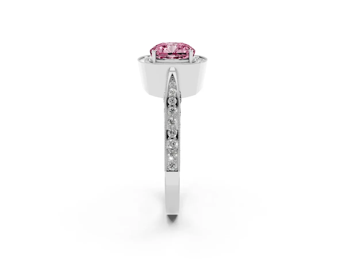 Fancy Pink Cushion Cut Halo Diamond Engagement Ring with Split Shank Band and Four-Prong Setting Silver