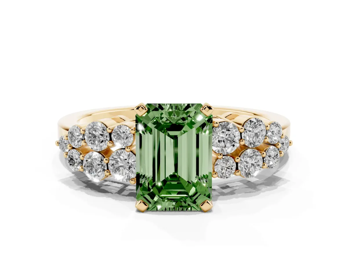 Fancy Green Emerald Cut Cluster Diamond Engagement Ring with Pavé Band and Four-Prong Setting Yellow gold