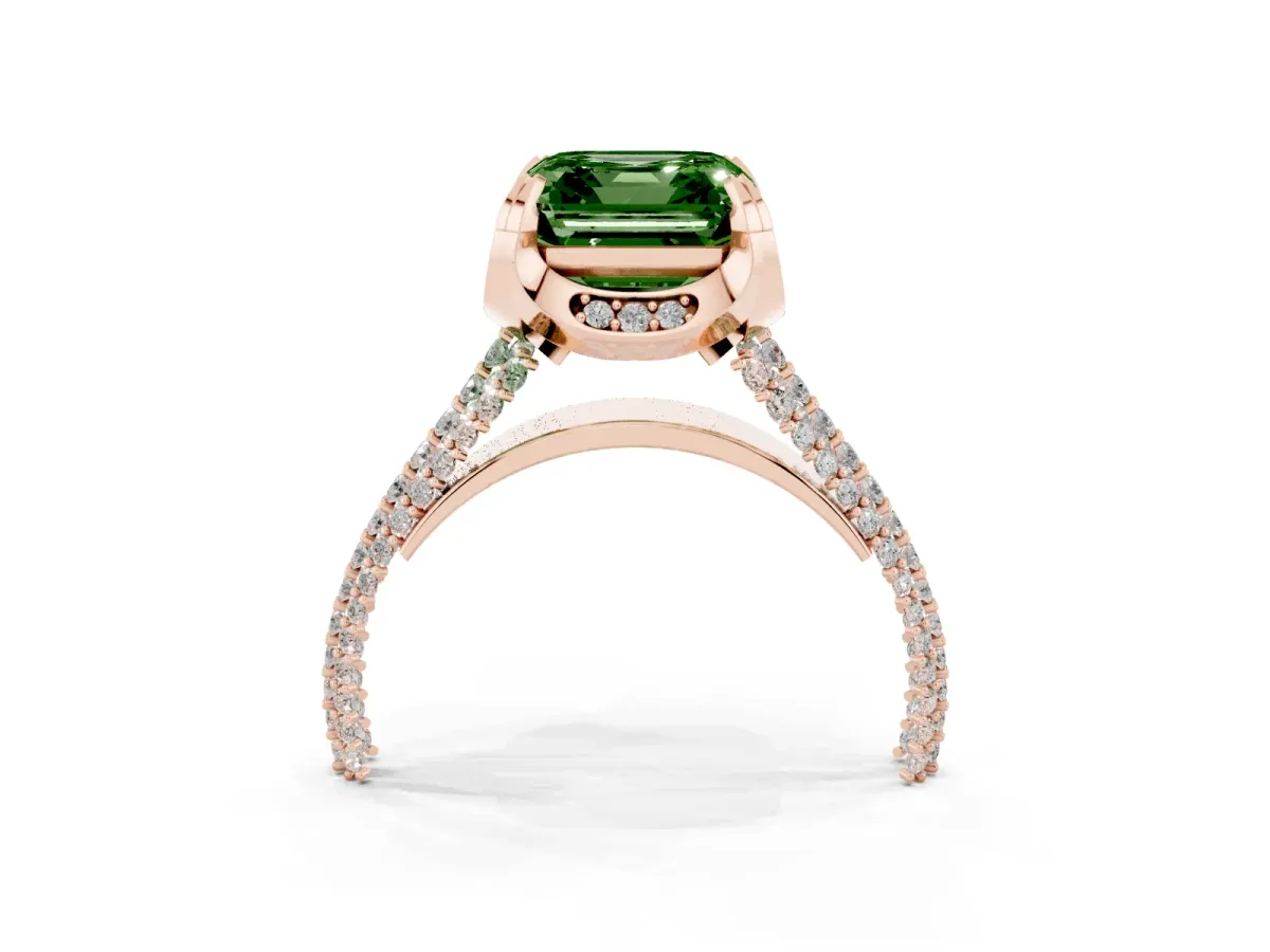 Fancy Green Asscher Cut Solitaire Pave Split Shank Ring with Four-Prong Setting Rose gold