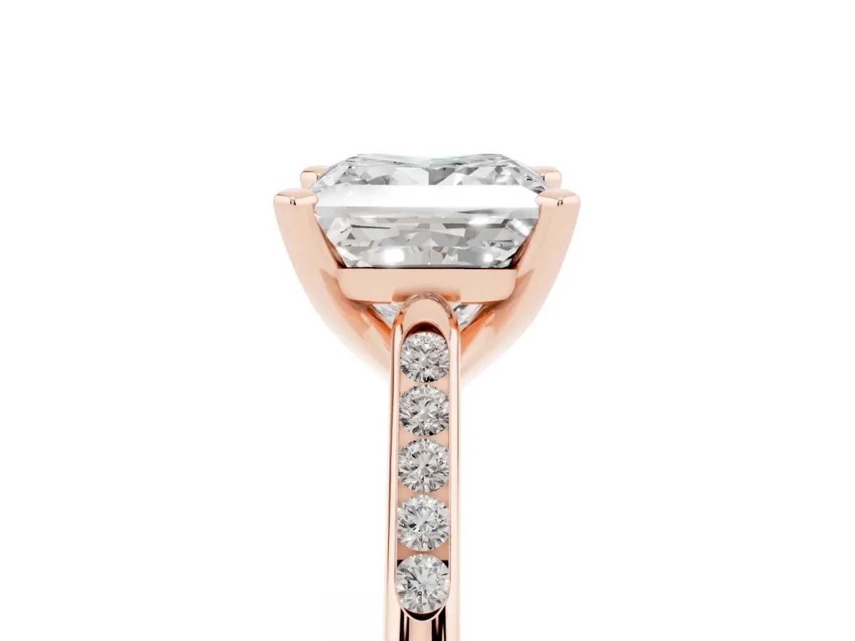 Princess Cut Diamond Solitaire Ring with Channel Set Round Band and Prong Setting Rose gold