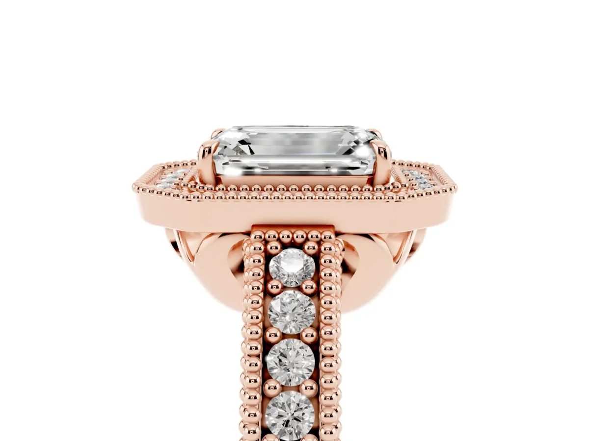 Emerald Cut Cut Halo Diamond Ring with Pavé Band and Four-Prong Setting Rose gold