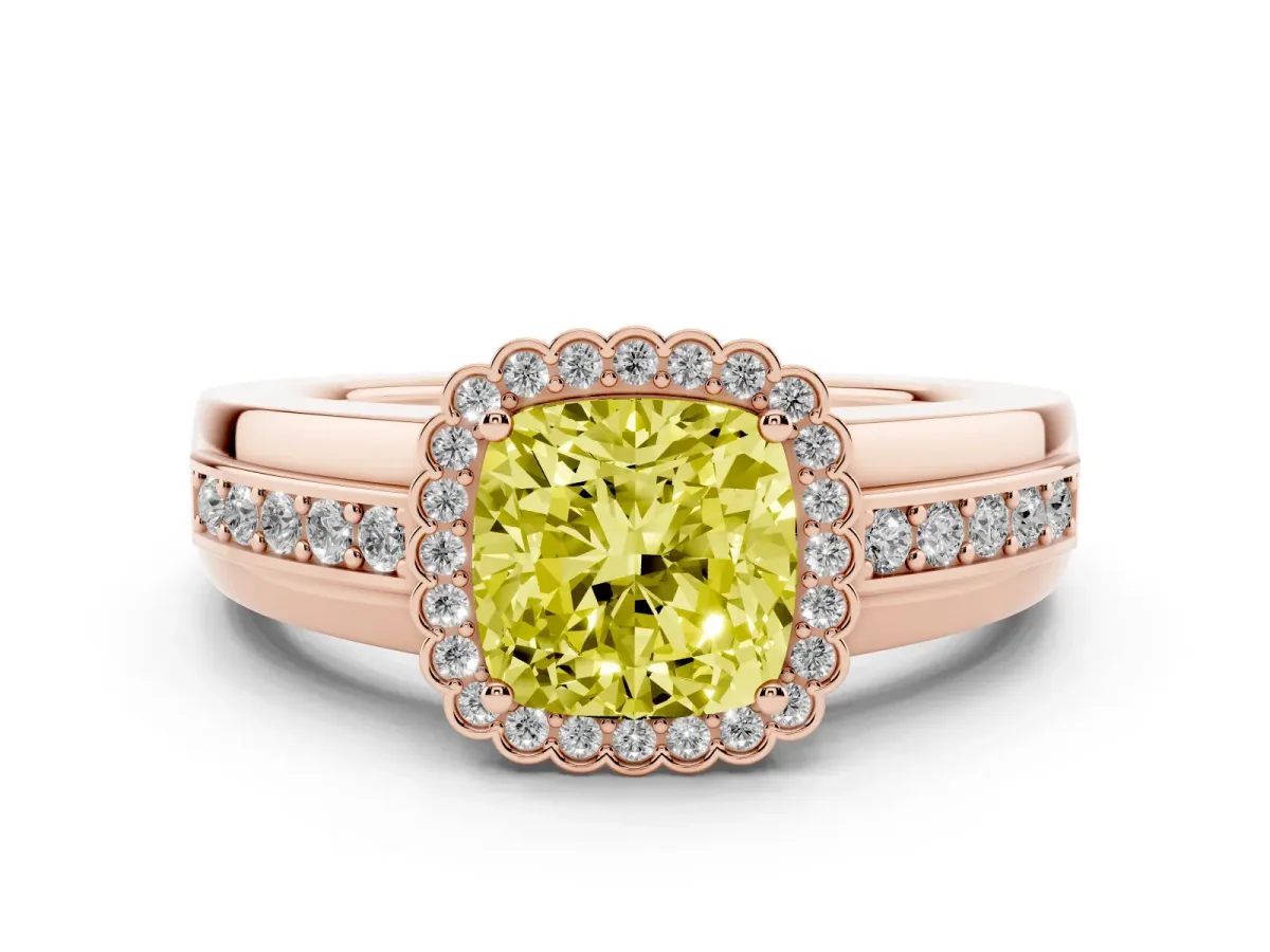 Fancy Yellow Cushion Cut Cut Halo Pave Band Four-Prong Ring Rose gold