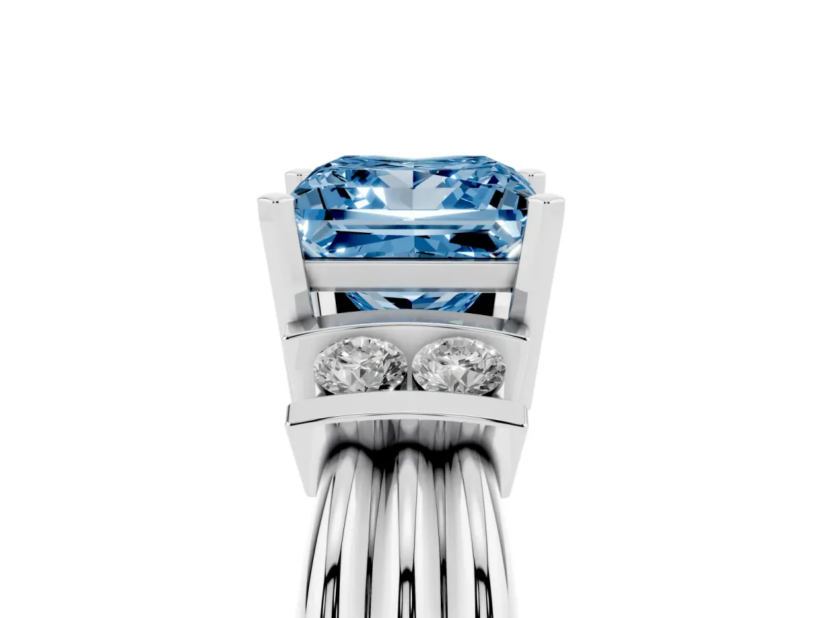 Fancy Blue Princess Cut Cut Three-Stone Channel Set Ring with Bar Prongs Silver