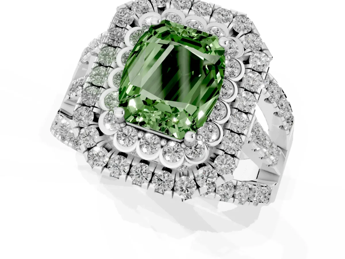 Fancy Green Emerald Cut Diamond Double Halo Ring with Round Pavé Split Shank and Prong Setting Platinum