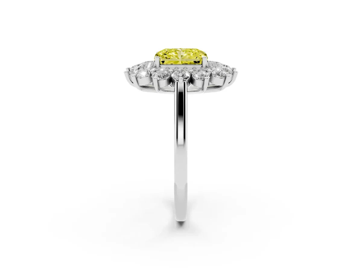 Fancy Yellow Radiant Cut Diamond Floral Double Halo Engagement Ring with Prong Setting Platinum