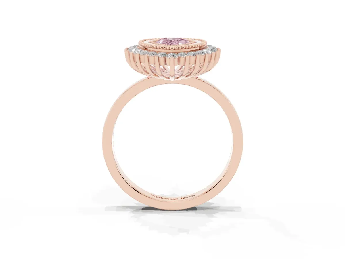 Fancy Pink Pear Cut Halo Diamond Ring with Milgrain Edge and Round Prong Setting Rose gold