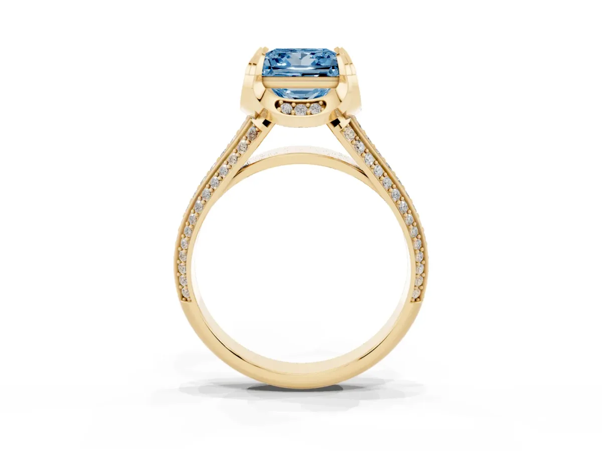 Fancy Blue Princess Cut Solitaire Pave Split Shank Ring with Four-Prong Setting Yellow gold