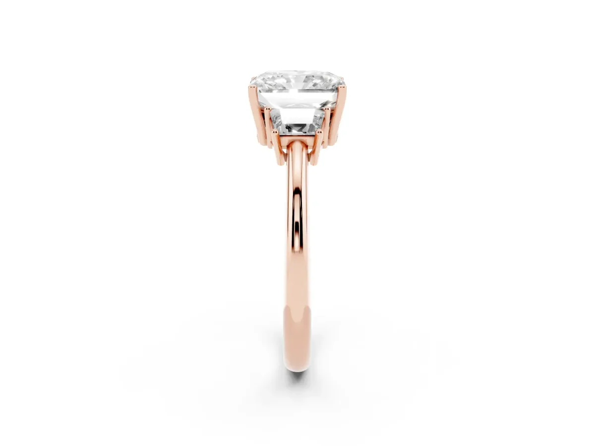 Radiant Cut Diamond Three-Stone Ring with Trapezoid Side Stones and Prong Setting Rose gold