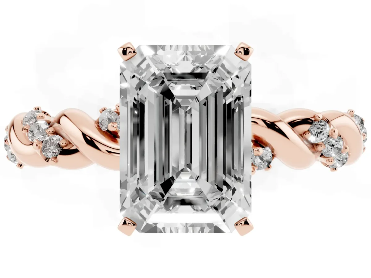 Emerald Cut Diamond Solitaire Ring with Twisted Band and Pavé Accents Rose gold