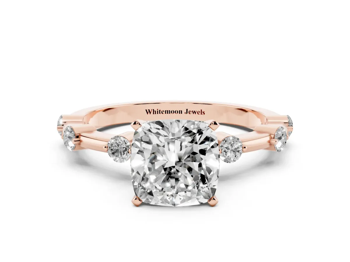 Cushion Cut Solitaire Diamond Ring with Bezel Set Side Stones and Prong Setting Rose gold