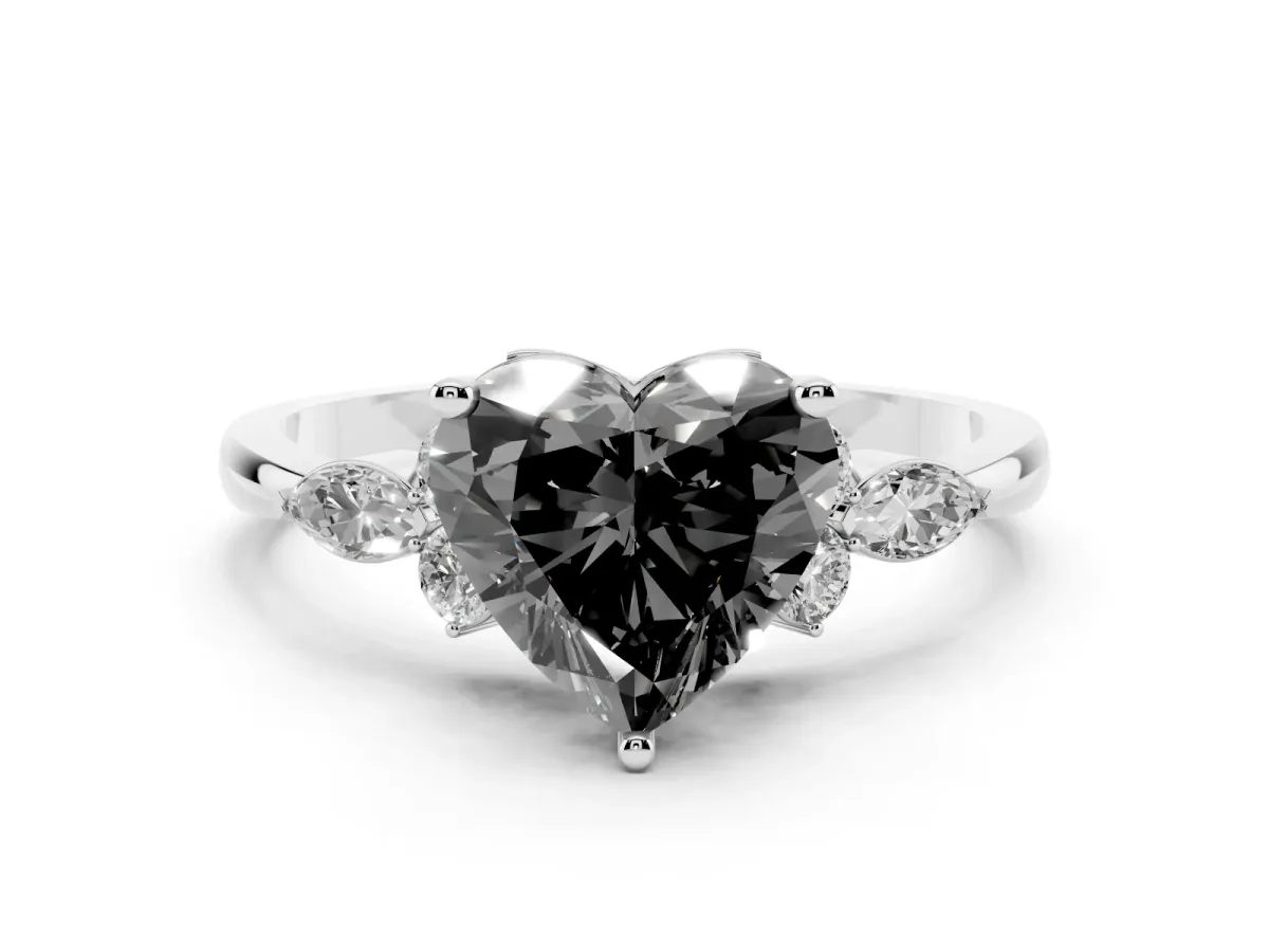 Fancy Black Heart Cut Brilliant Diamond Solitaire Ring with Pear Side Stones and Four-Prong Setting Platinum