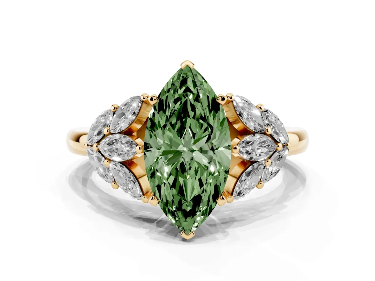Fancy Green Marquise Cut Diamond Cluster Leaf Design Ring with Prong Setting Yellow gold