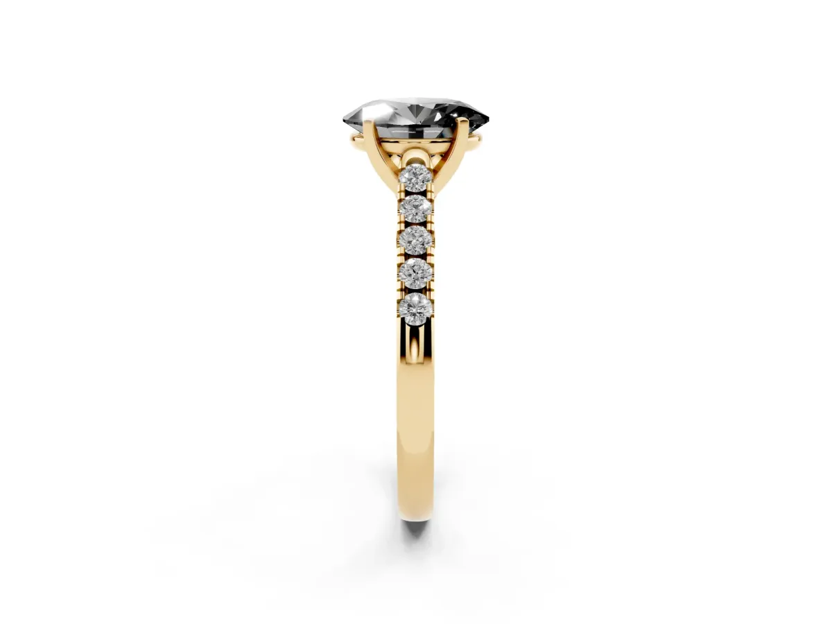 Fancy Black Oval Cut Diamond Pavé Band Solitaire Ring with Prong Setting Yellow gold