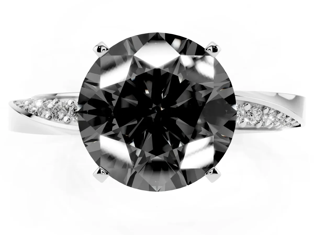 Fancy Black Round Cut Diamond Engagement Ring with Side Stone Accents and Four-Prong Setting Silver