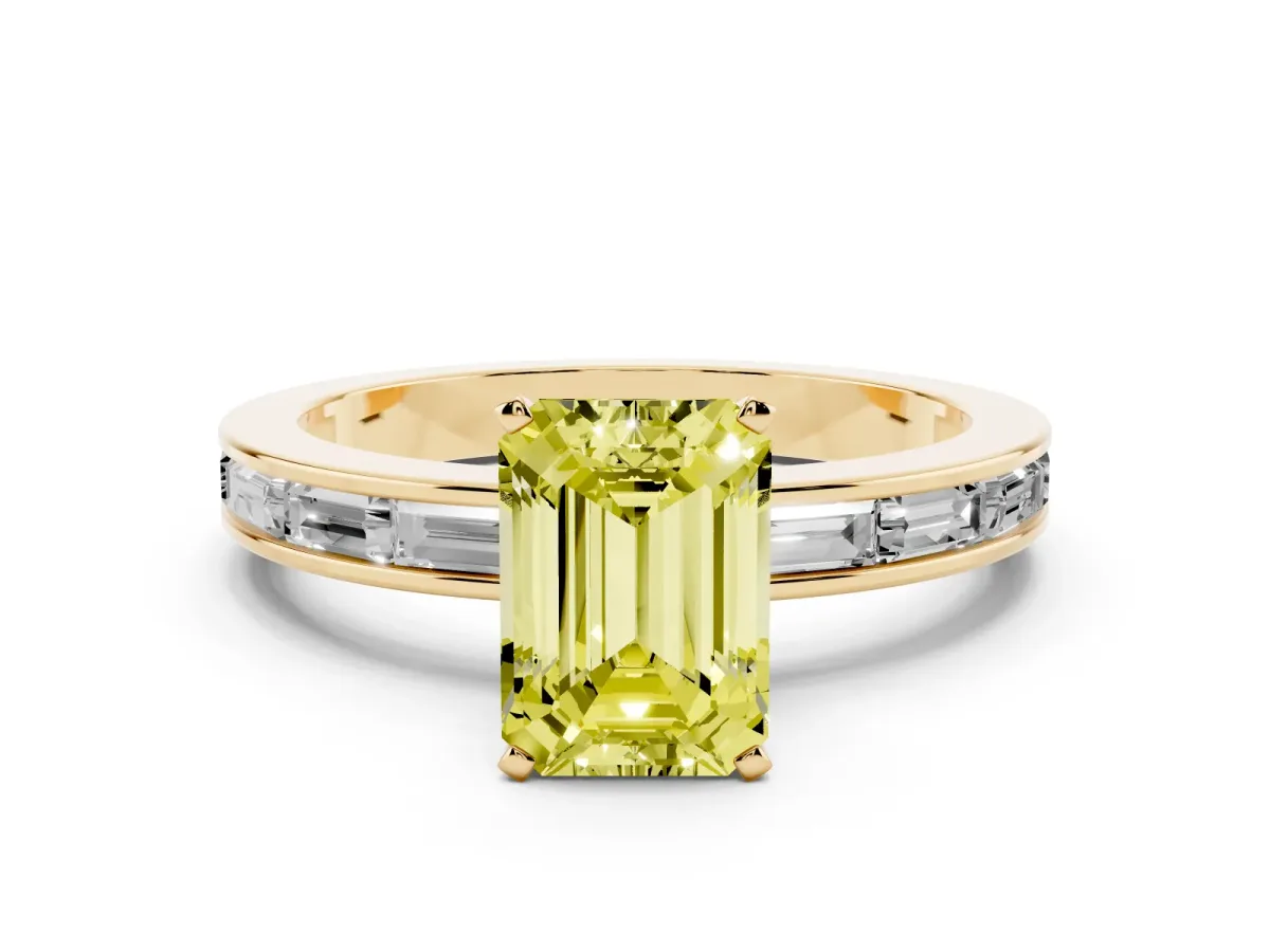 Fancy Yellow Emerald Cut Solitaire Diamond Ring with Channel-Set Baguette Band and Four-Prong Setting Yellow gold