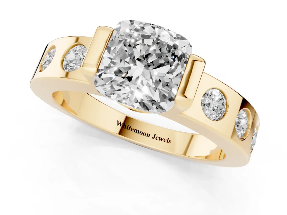 Cushion Cut Brilliant Channel-Set Diamond Ring with Bezel Prong Setting Yellow gold